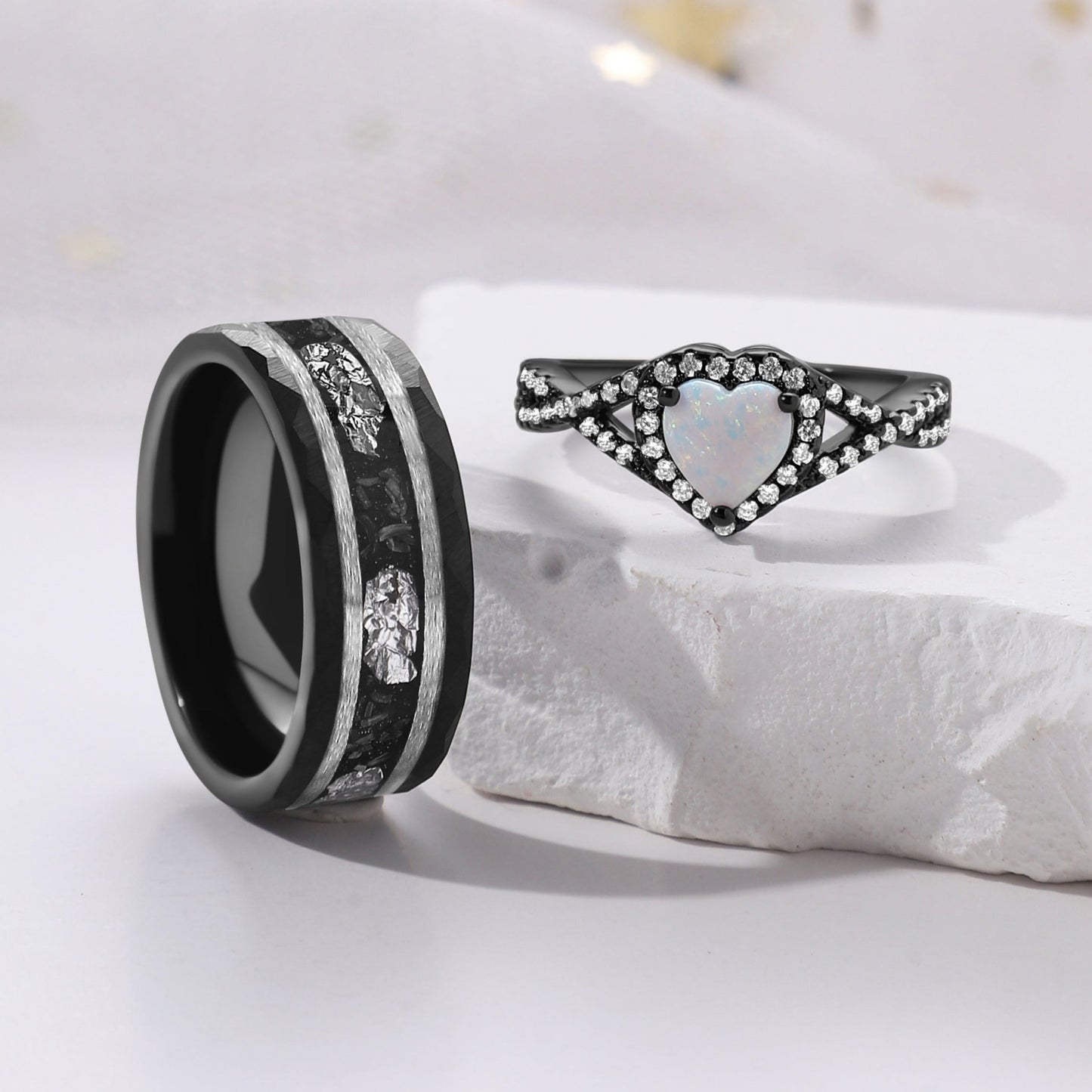 Black Meteorite Sandstone & White Opal Couple Ring Set Silver/Tungsten