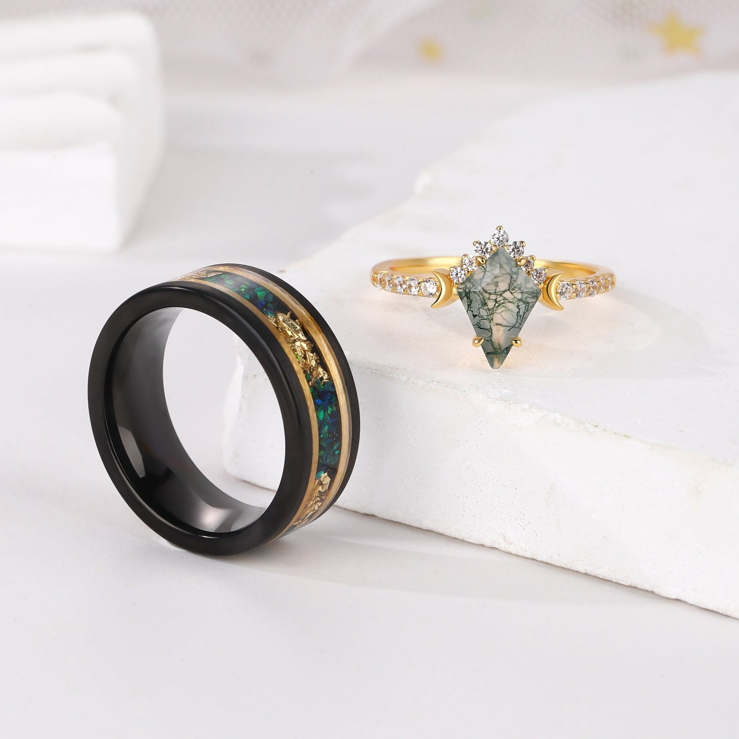 The Solora - Natural Moss Agate Ring Set