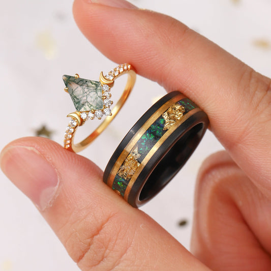 The Solora - Natural Moss Agate Ring Set