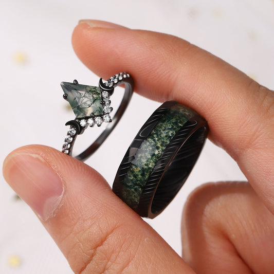 The Mossveil - Kite Cut Moss Agate Couple Ring Set