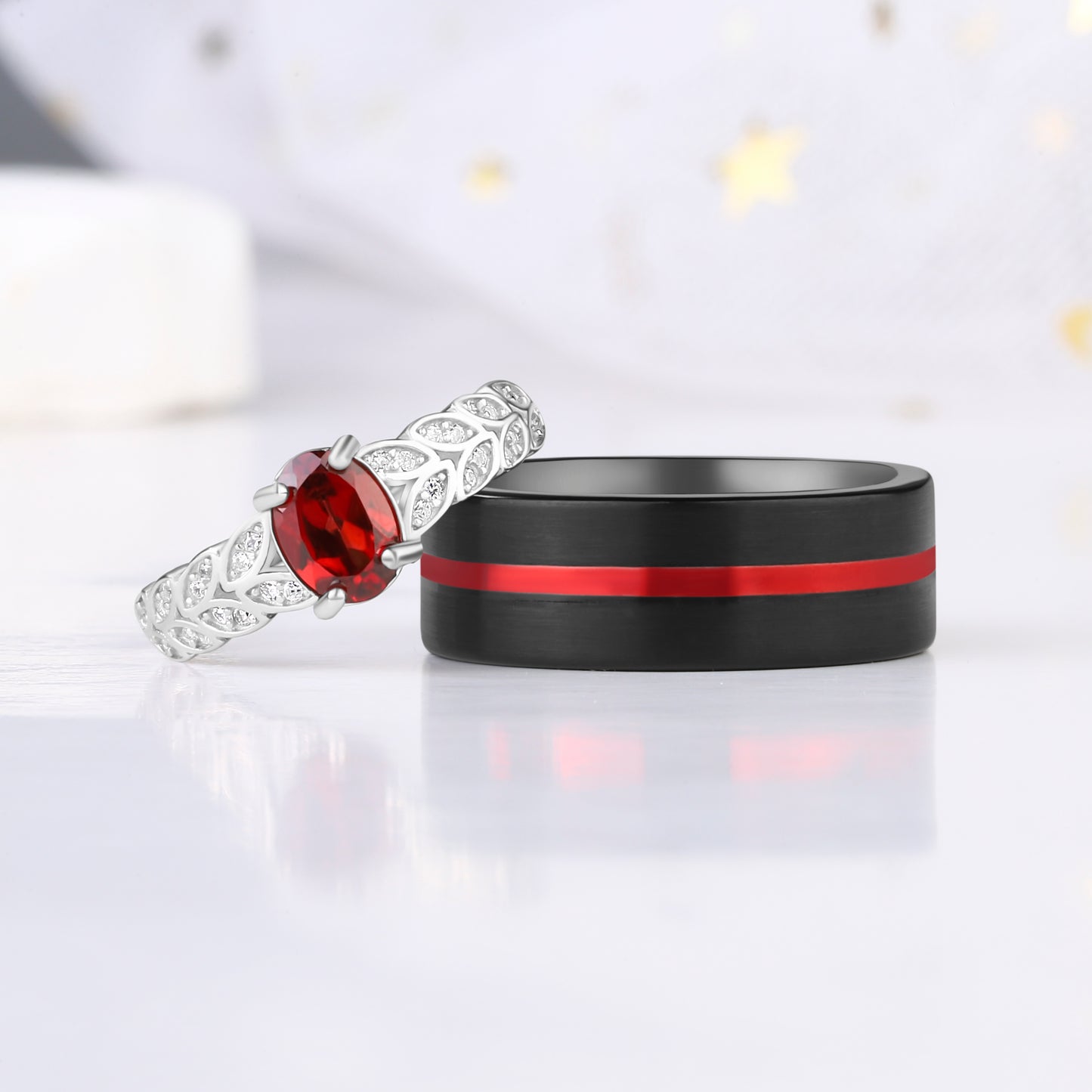 Natural Garnet 925 Silver / Tungsten Couple Ring Set