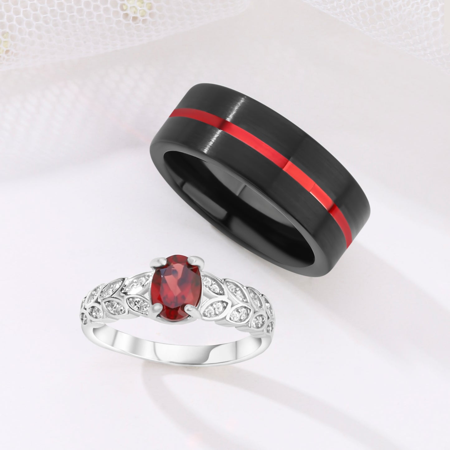 Natural Garnet 925 Silver / Tungsten Couple Ring Set