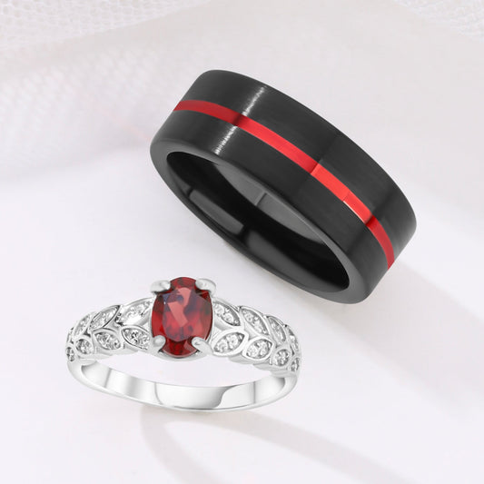 The Ember - Natural Garnet 925 Silver / Tungsten Couple Ring Set