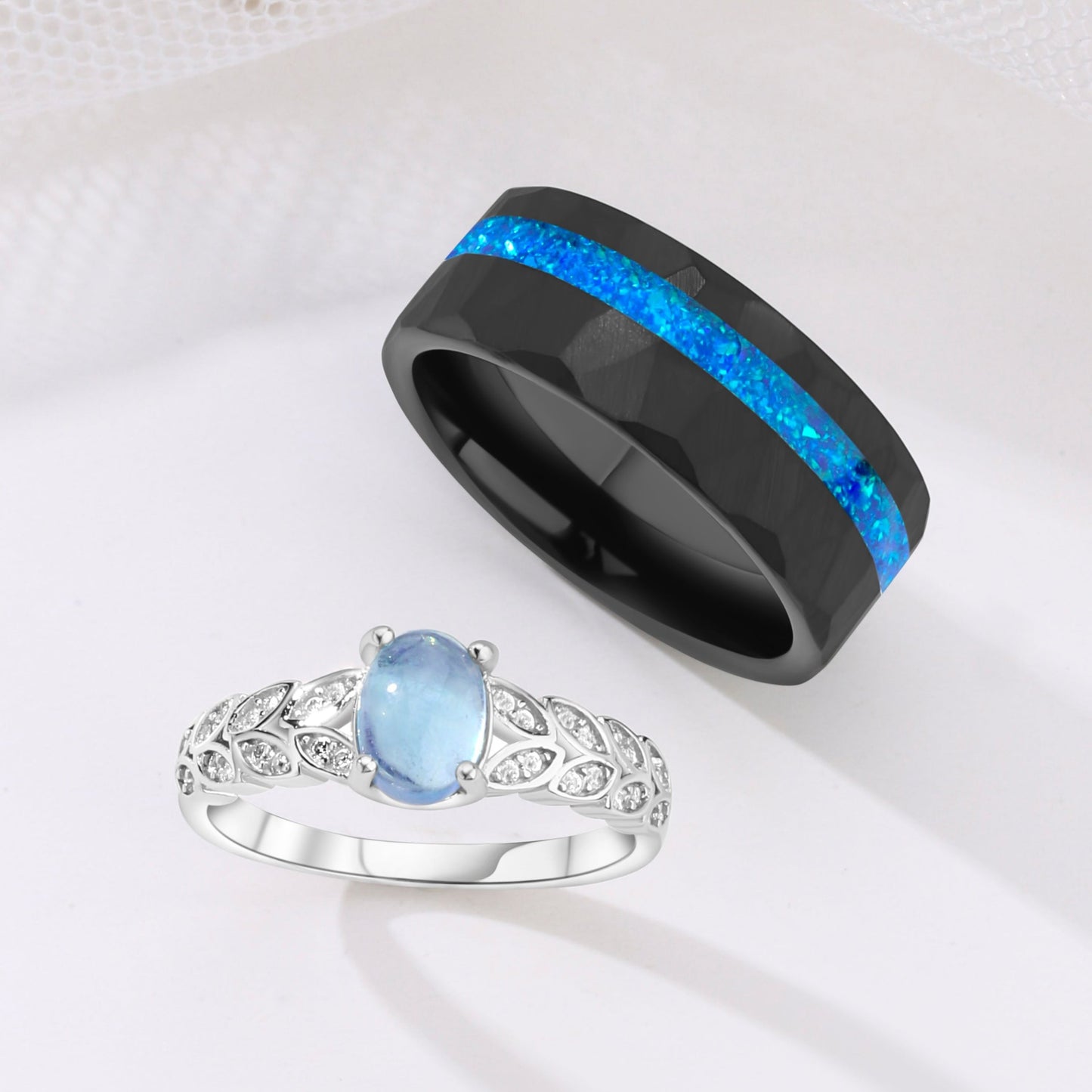 Aquamarine & Crushed Opal Matching Rings for Couples