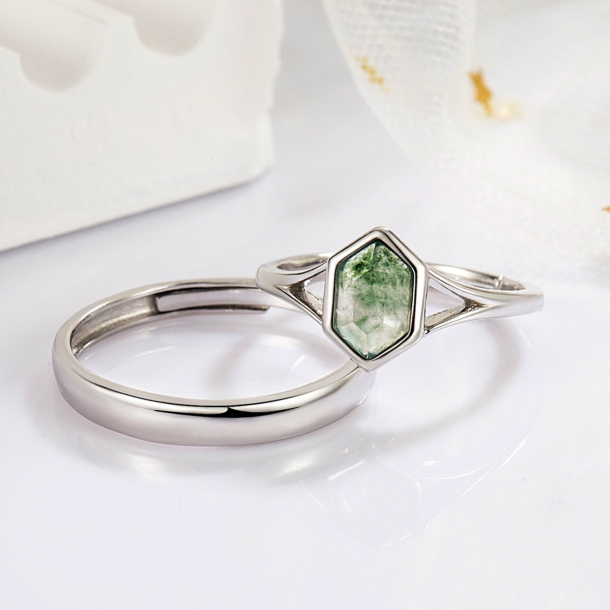 Hexagon Cut Green Moss Agate Couple Rings