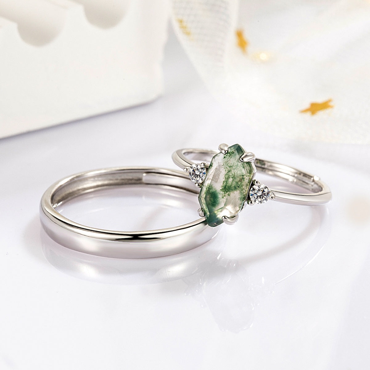 Hexagon Cut Green Moss Agate CZ Matching Rings