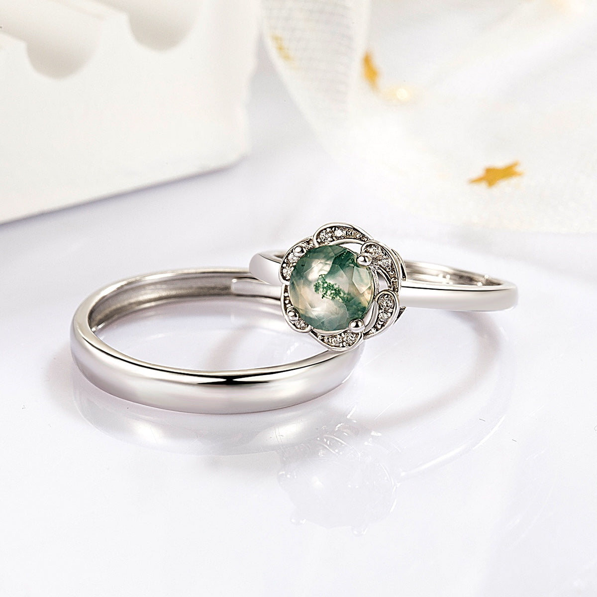 Green Moss Agate Round Cut S925 Silver Couple Rings