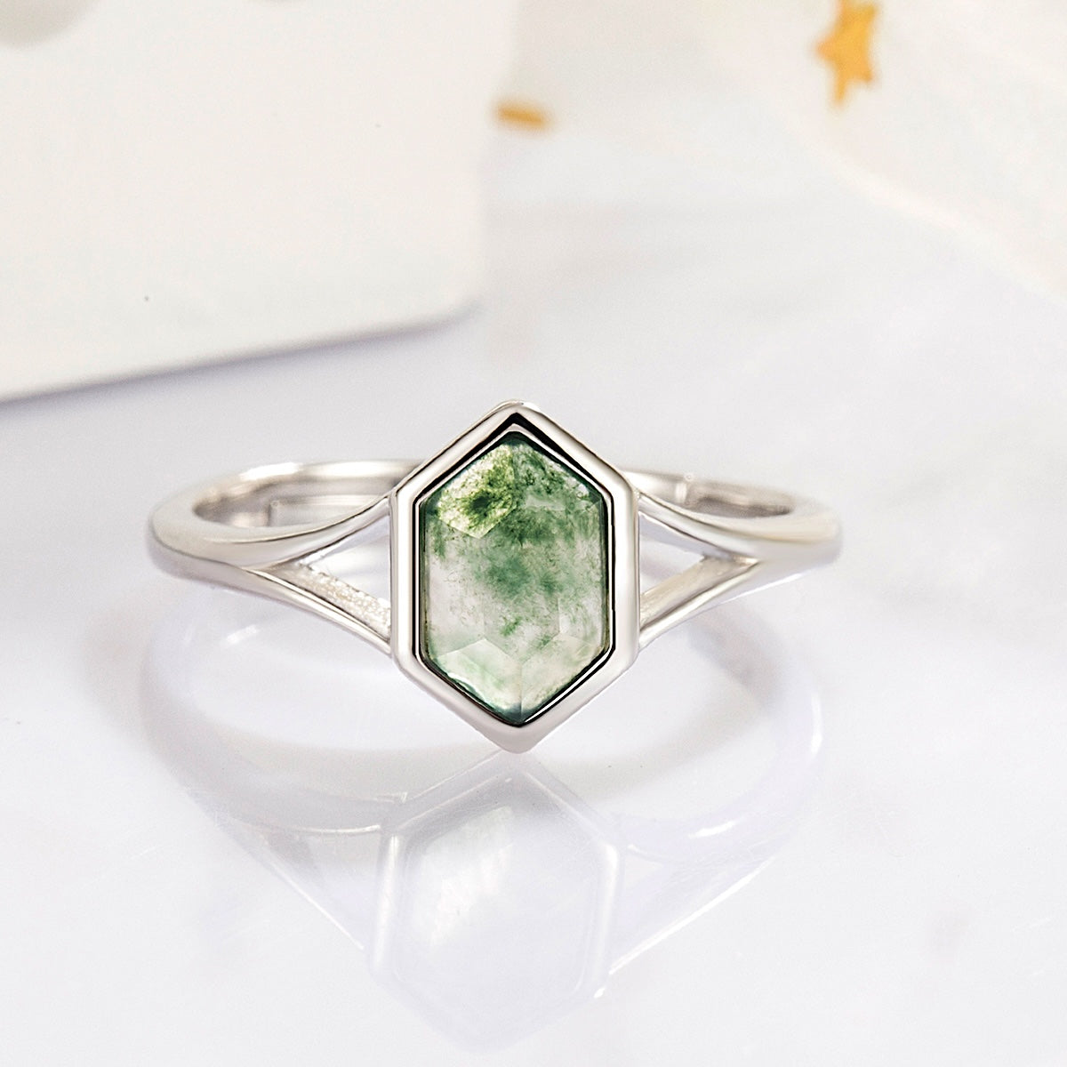 Hexagon Cut Green Moss Agate Couple Rings