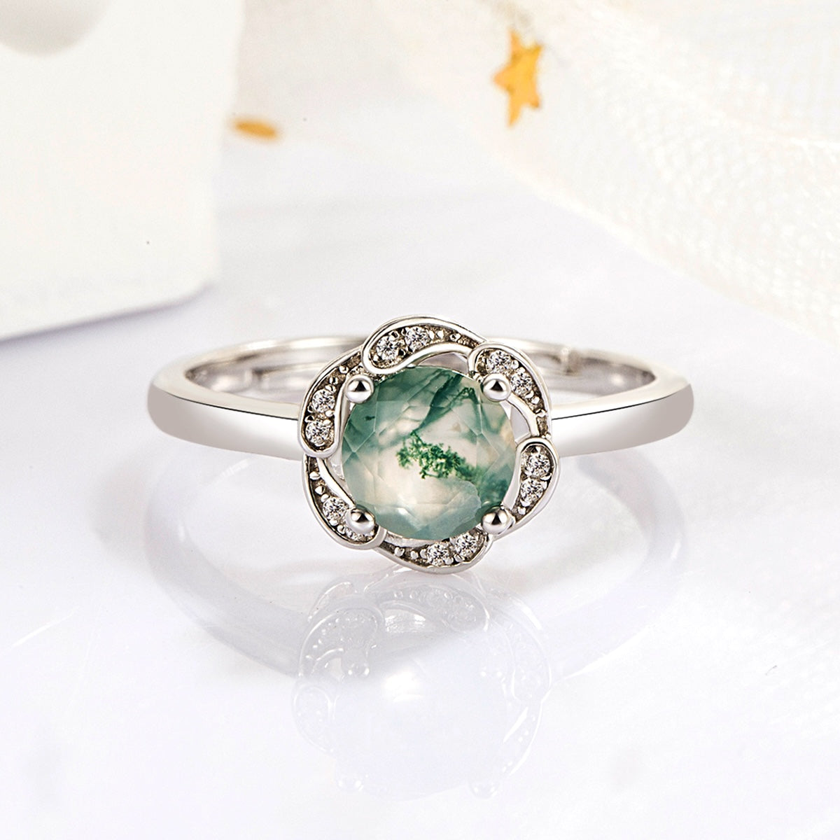 Green Moss Agate Round Cut S925 Silver Couple Rings