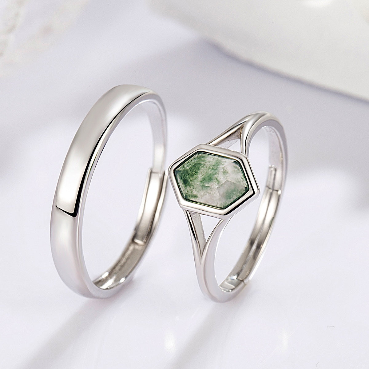 Hexagon Cut Green Moss Agate Couple Rings