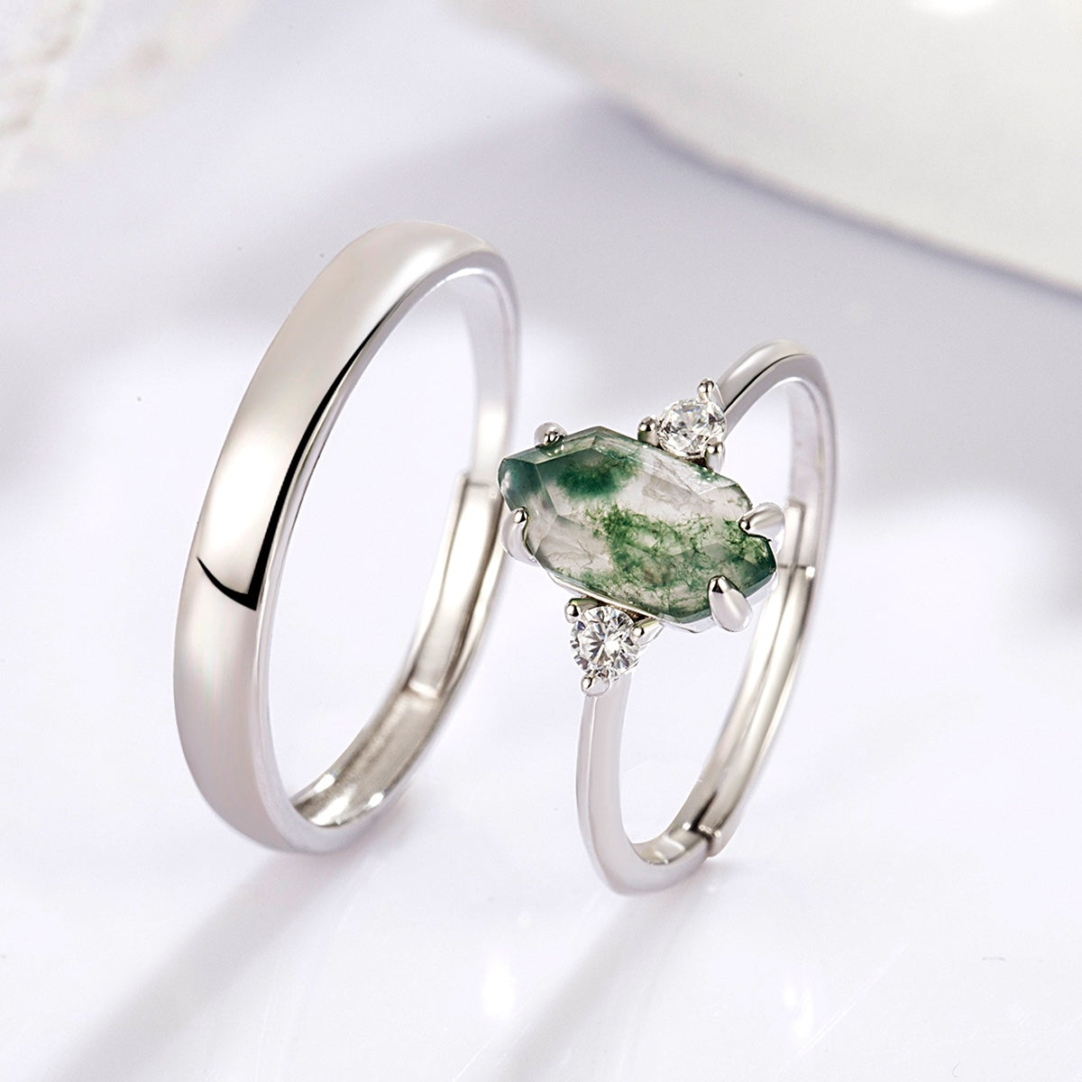 Hexagon Cut Green Moss Agate CZ Matching Rings