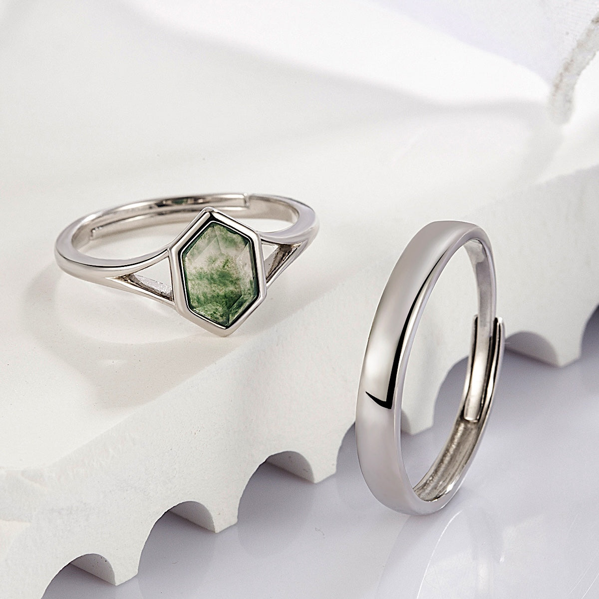 Hexagon Cut Green Moss Agate Couple Rings