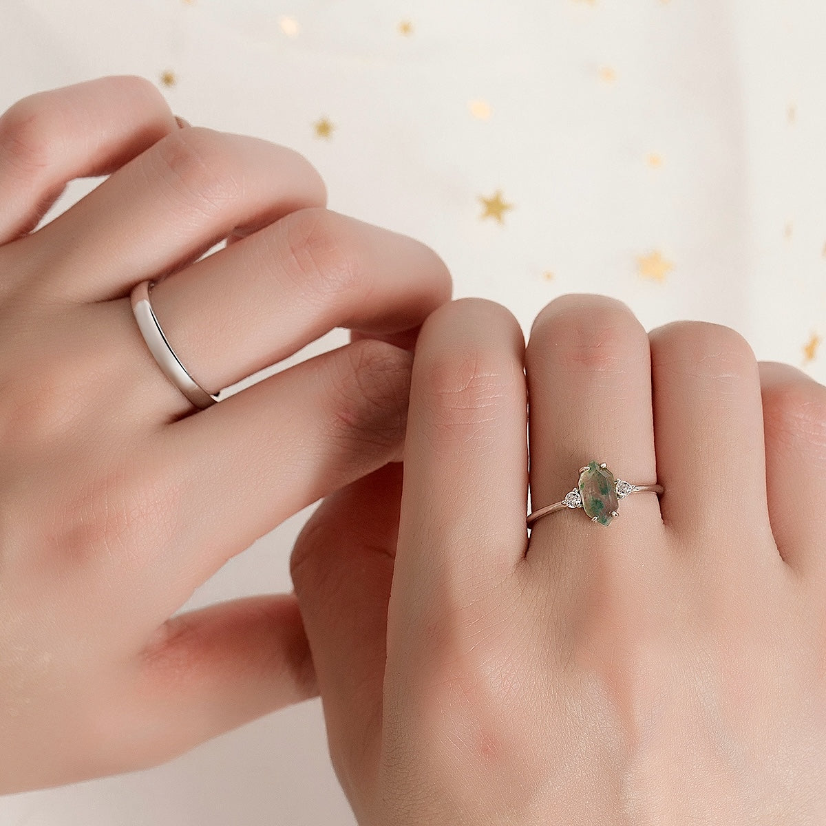 Hexagon Cut Green Moss Agate CZ Matching Rings