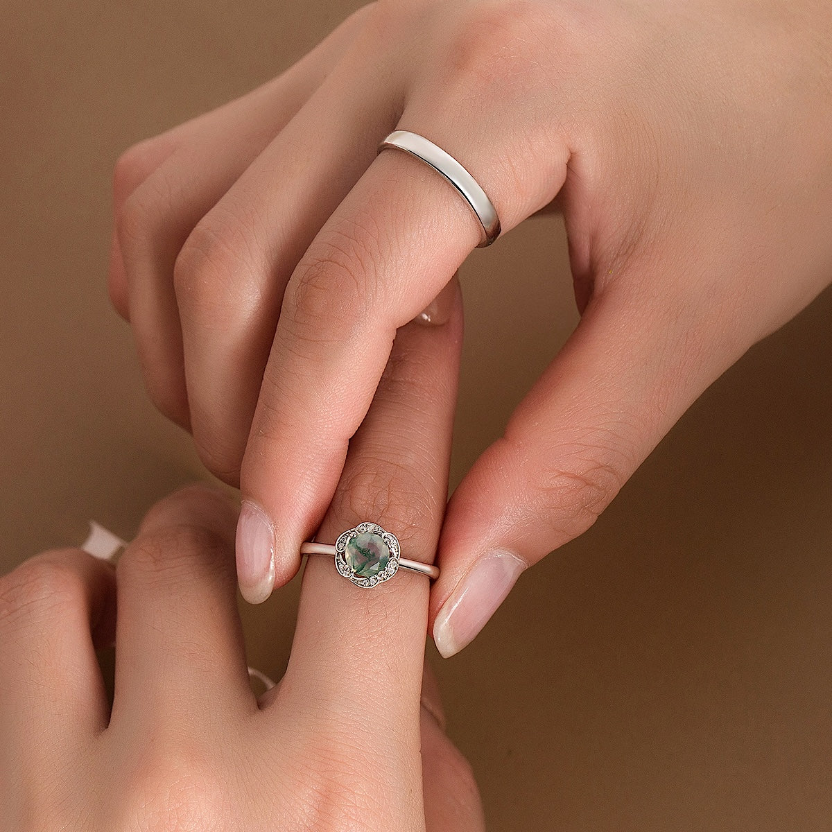 Green Moss Agate Round Cut S925 Silver Couple Rings