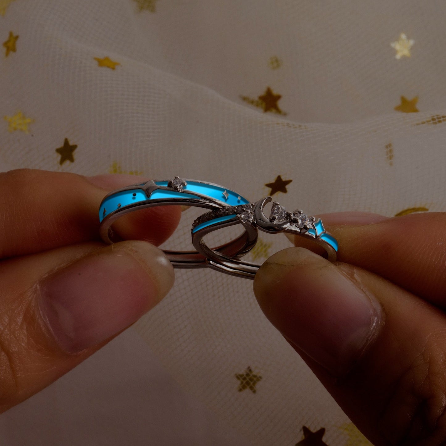 Stars & Moon Glow in the Dark Celestial Matching Rings