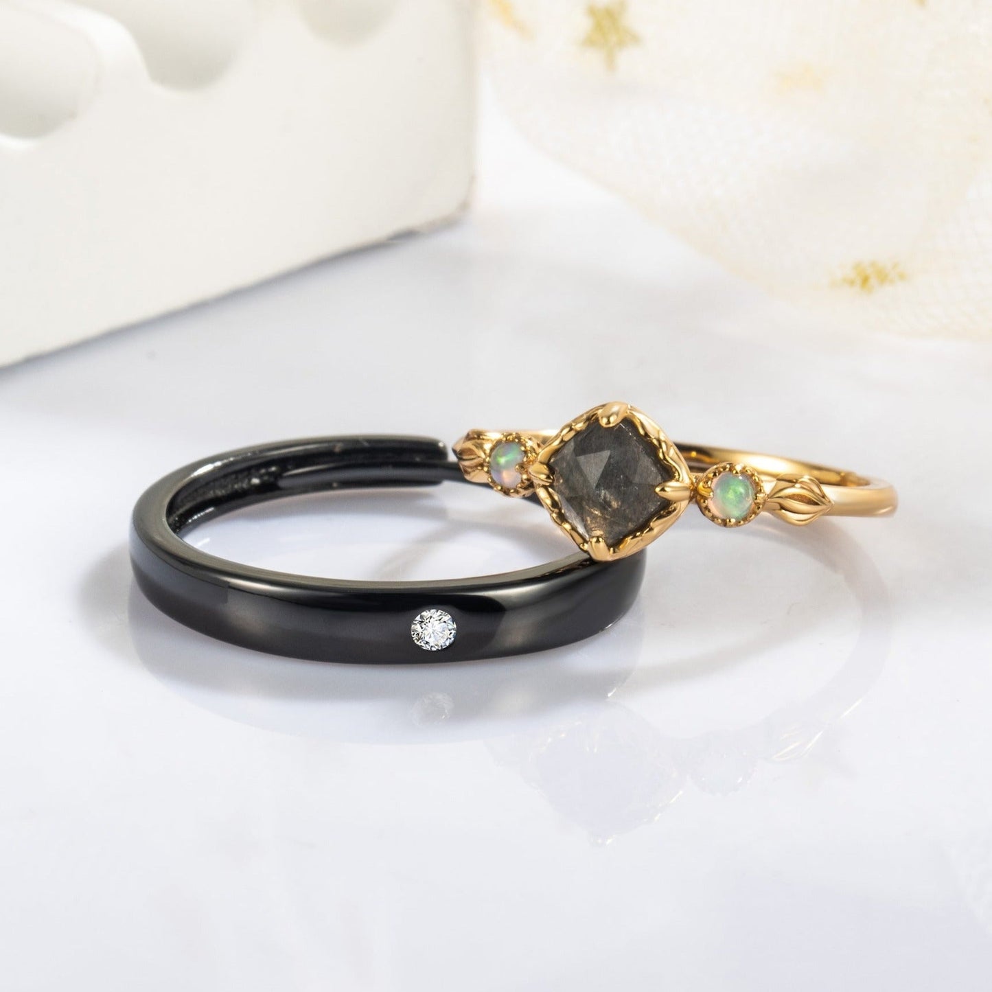 Labradorite & Fire Opal 10k Gold Finish with Black Rhodium Plating Couple Rings