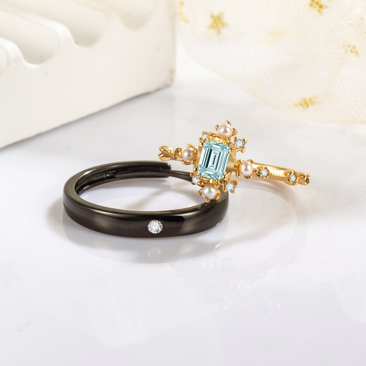 Natural Sky Blue Topaz 10k Gold Finish & Black Rhodium Plating Couple Ring Set