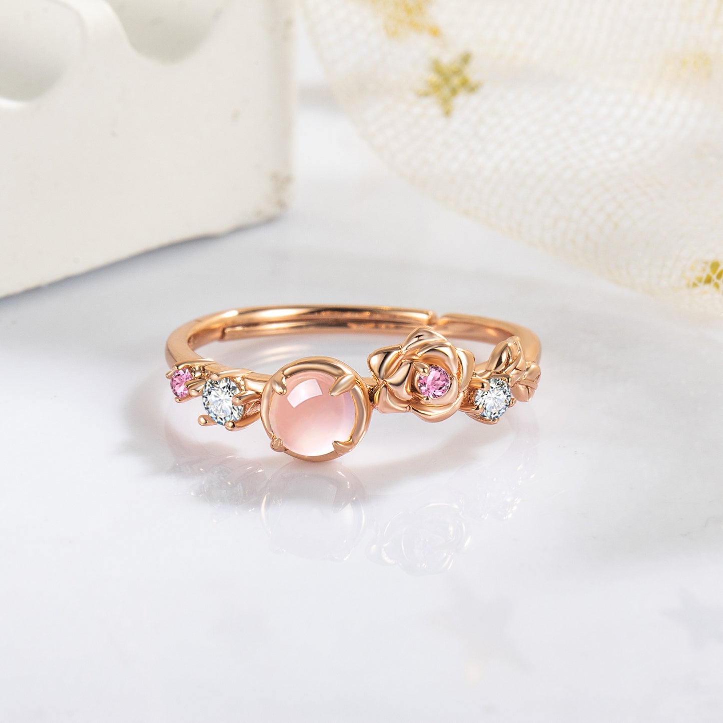 Natural Pink Quartz Rose-Gold Finish & Black Rhodium Plating Couple Rings