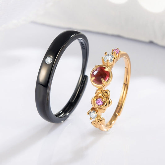 Garnet CZ 10k Gold Finish & Black Rhodium Plating His Her Ring