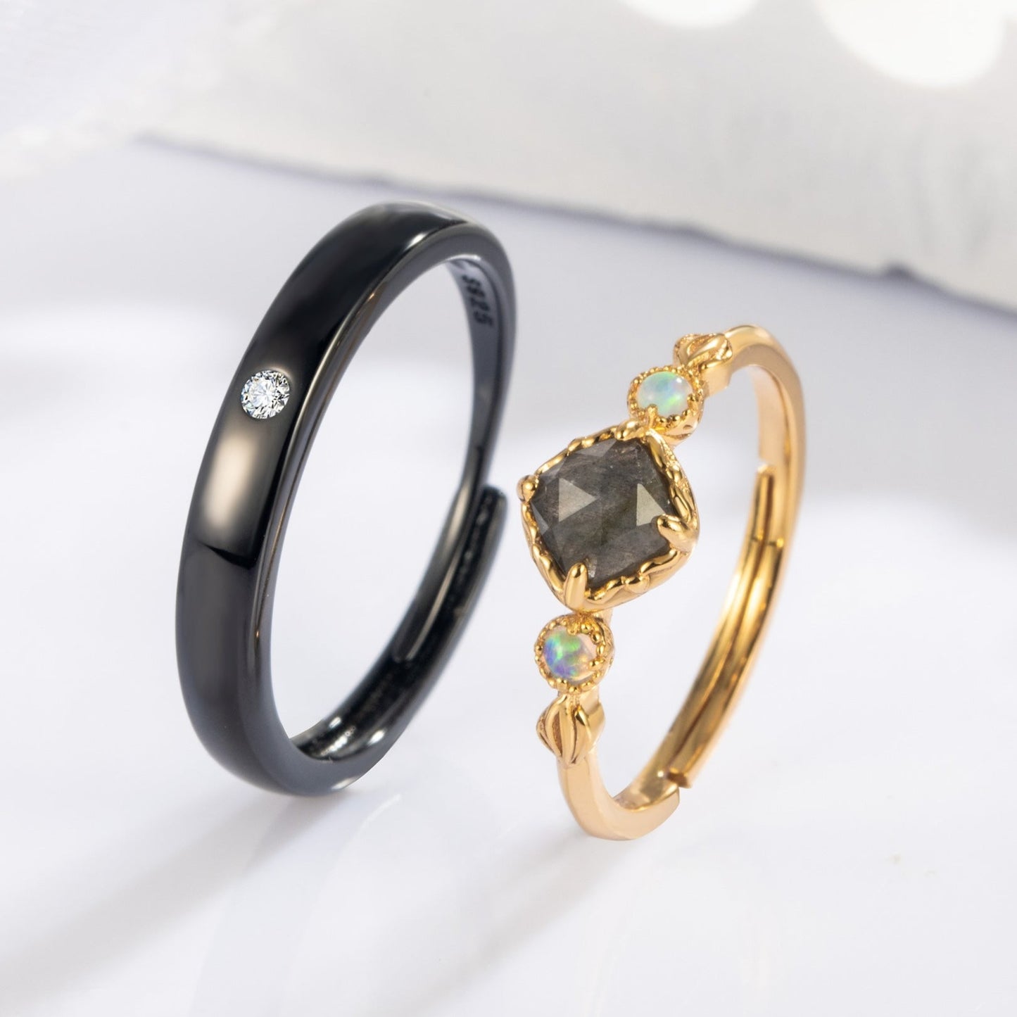 Labradorite & Fire Opal 10k Gold Finish with Black Rhodium Plating Couple Rings