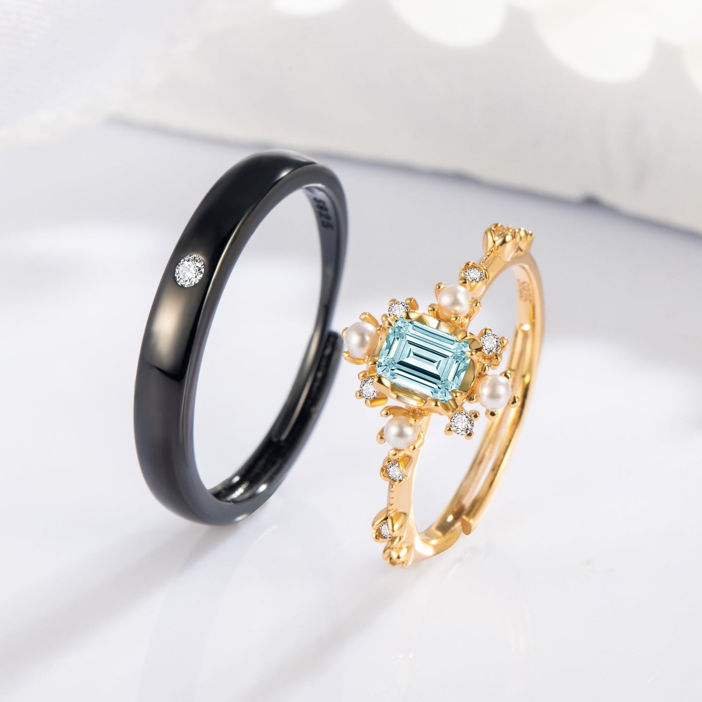 Natural Sky Blue Topaz 10k Gold Finish & Black Rhodium Plating Couple Ring Set