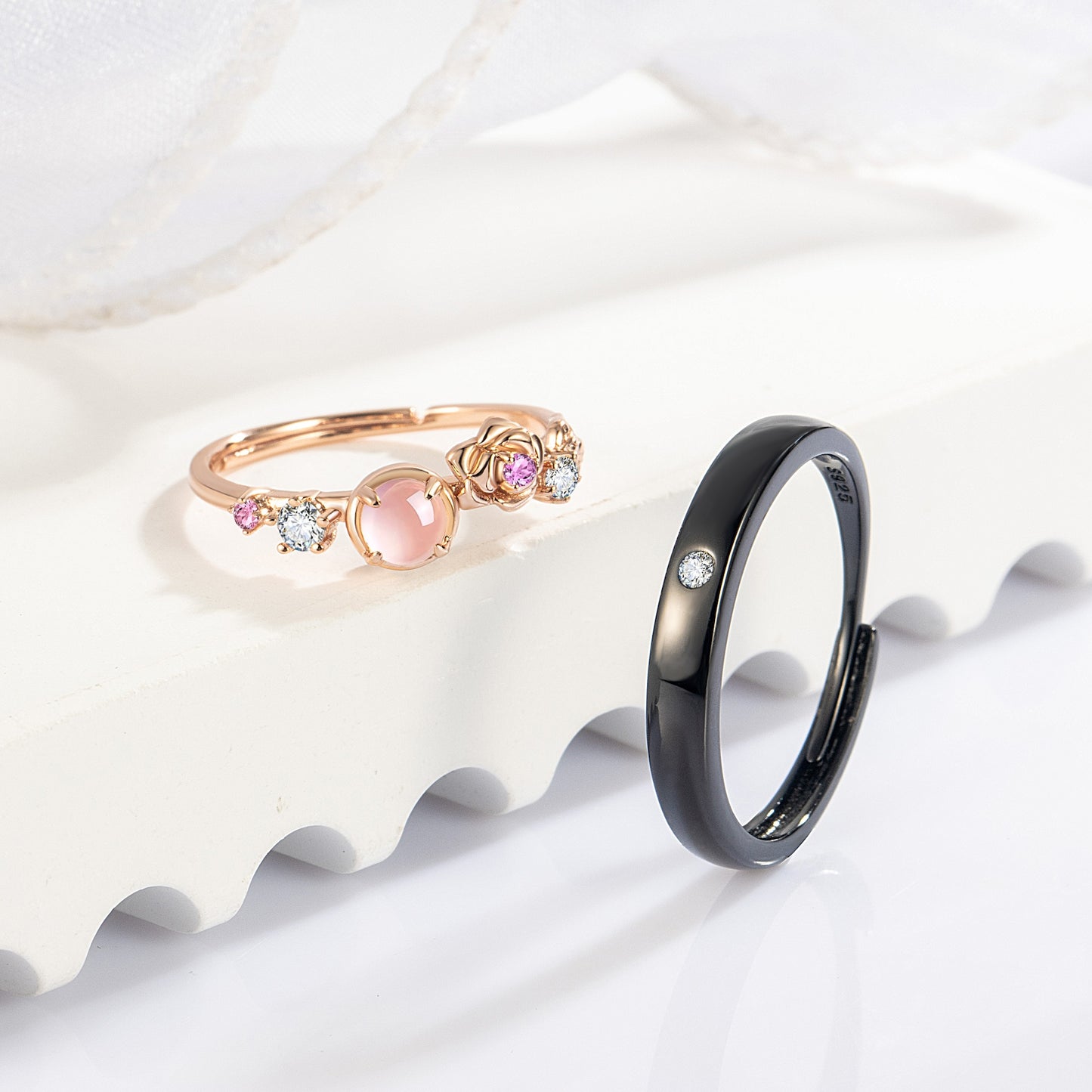 Natural Pink Quartz Rose-Gold Finish & Black Rhodium Plating Couple Rings