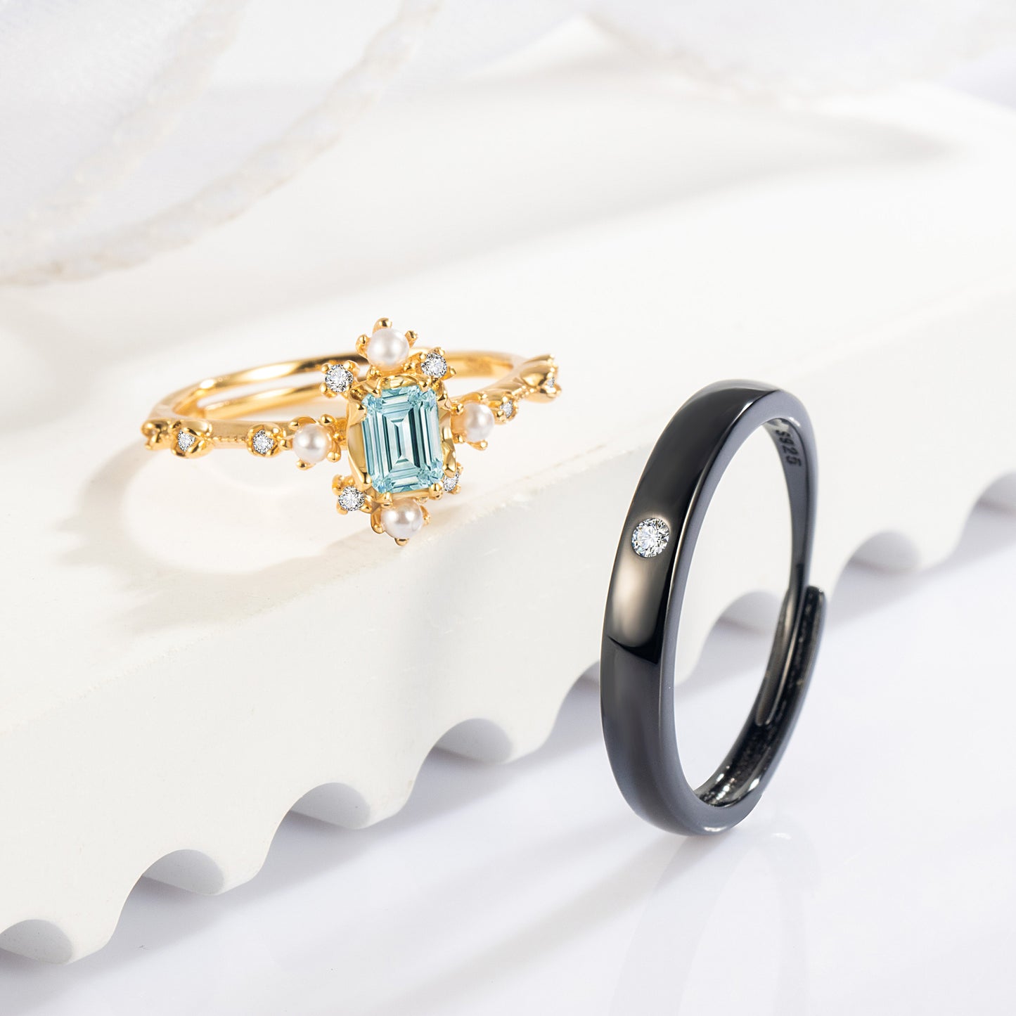 Natural Sky Blue Topaz 10k Gold Finish & Black Rhodium Plating Couple Ring Set