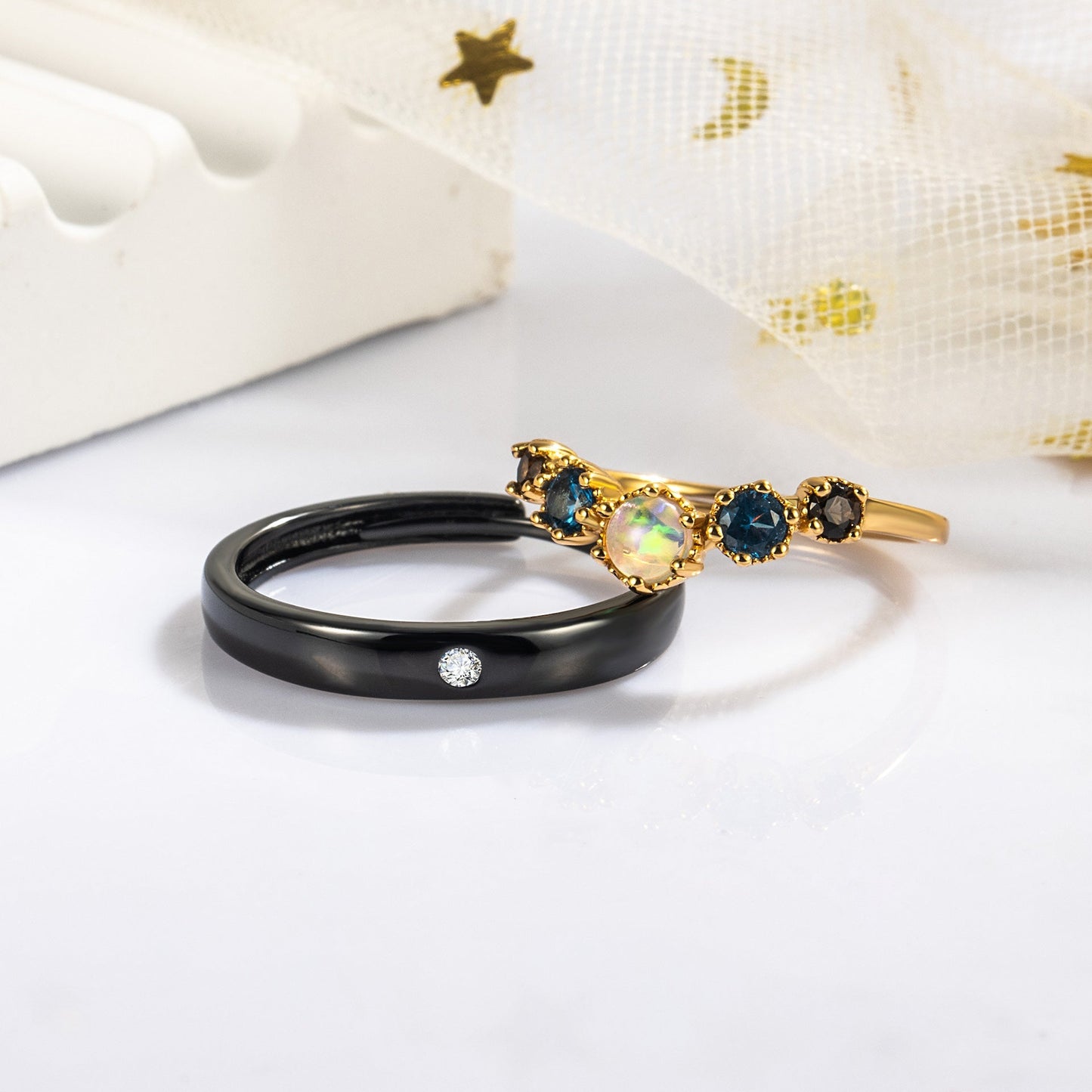 Opal with Smoky Quartz 10k Gold Finish with Black Rhodium Plating Couple Rings