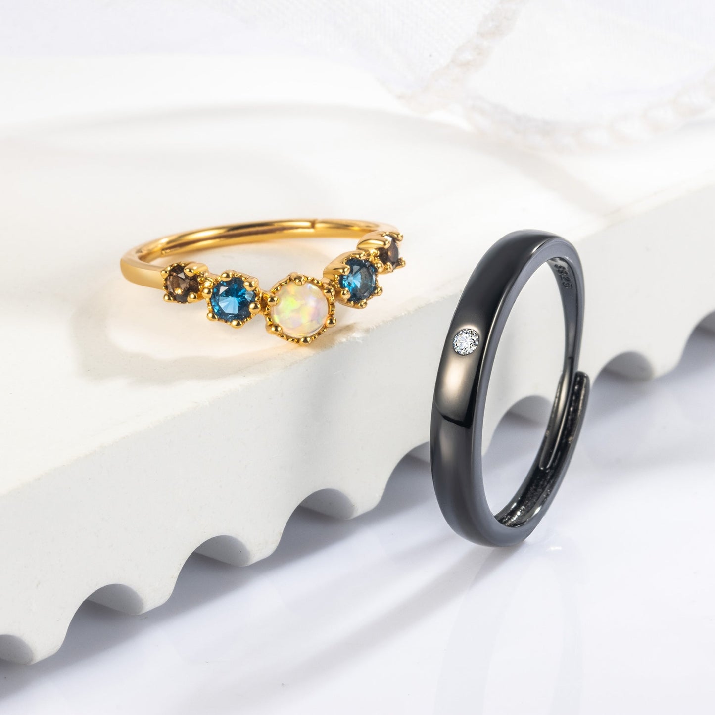 Opal with Smoky Quartz 10k Gold Finish with Black Rhodium Plating Couple Rings