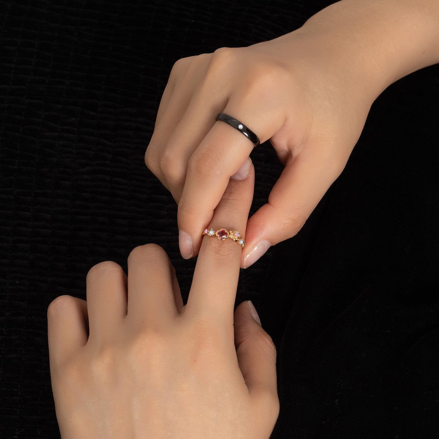 Garnet CZ 10k Gold Finish & Black Rhodium Plating His Her Ring