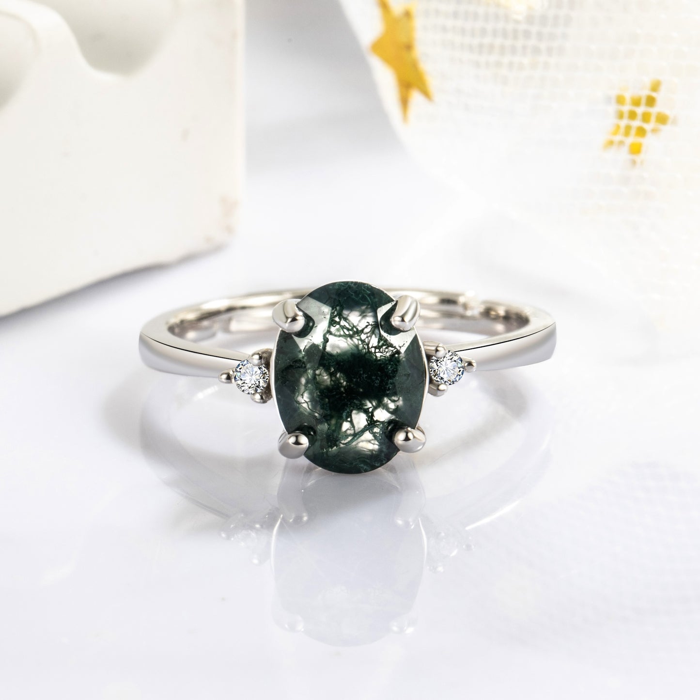 Oval Cut Moss Agate S925 Silver Couple Rings