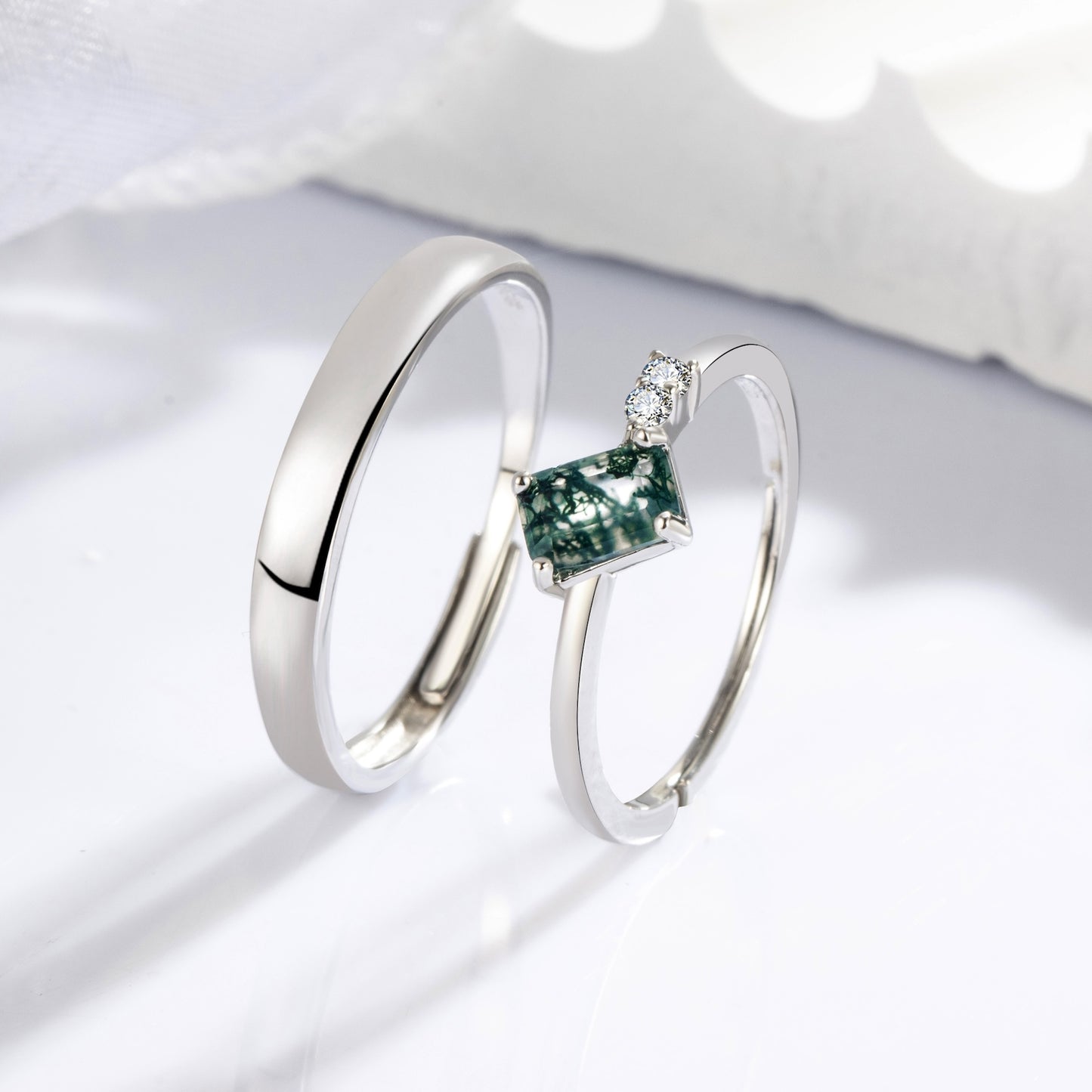 Baguette Moss Agate S925 Silver Couple Ring Set