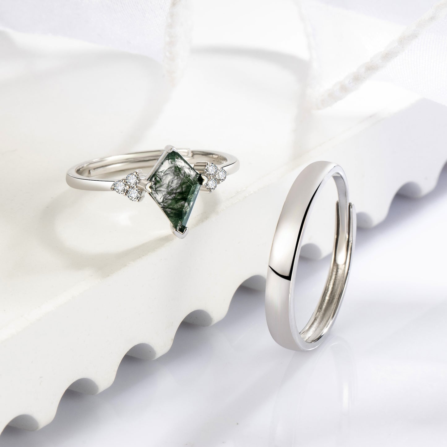 Kite Green Moss Agate 925 Silver Couple Rings