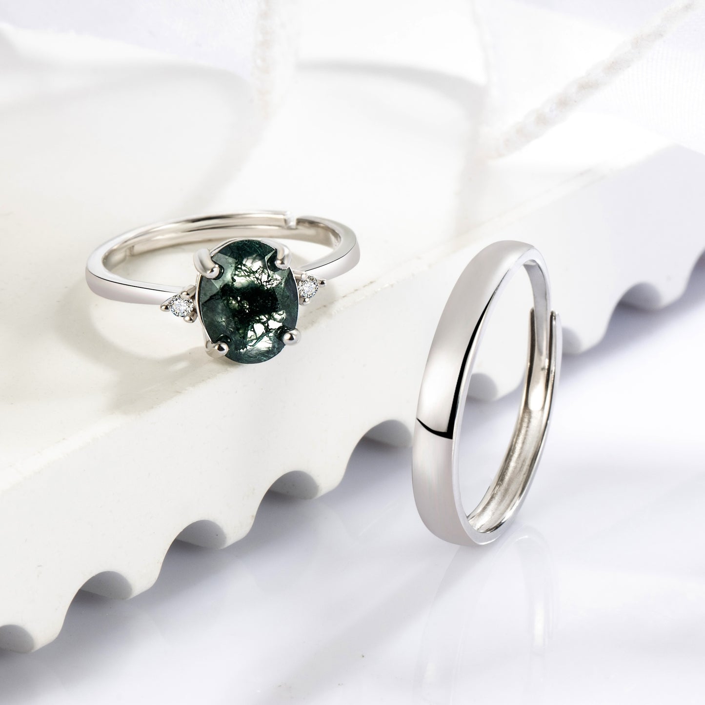 Oval Cut Moss Agate S925 Silver Couple Rings