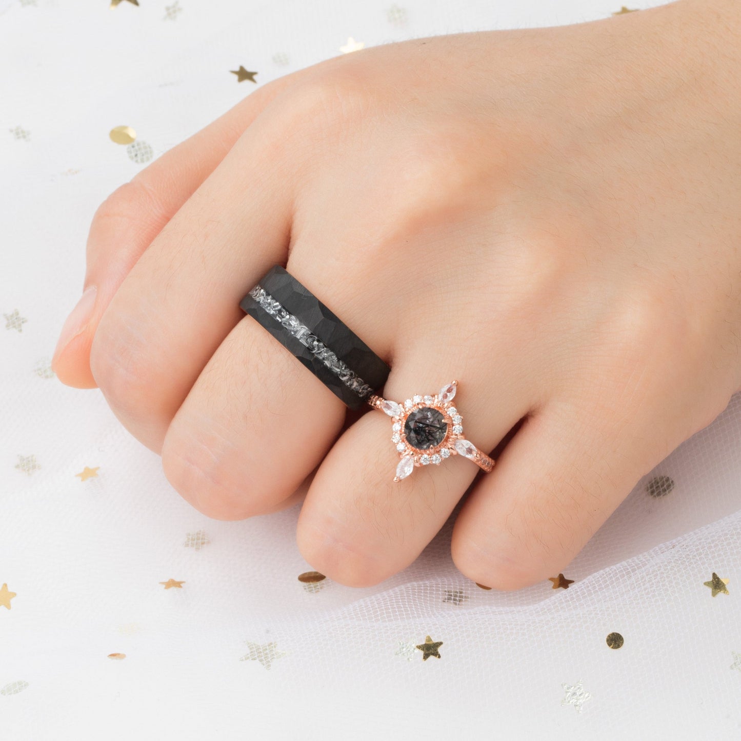 Natural Black Rutilated Quartz & Meteorite Couple Ring Set