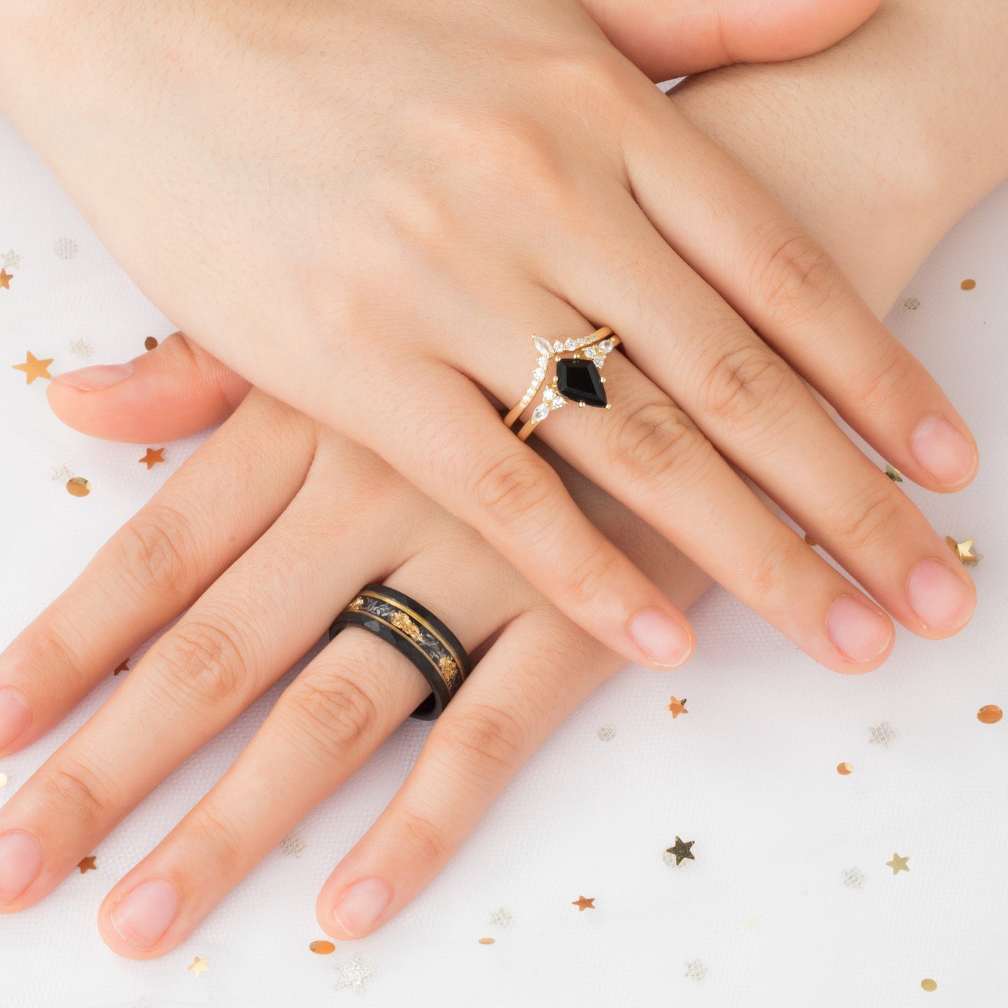 Kite Black Onyx & Meteorite Gold Leaf Couple Ring Set