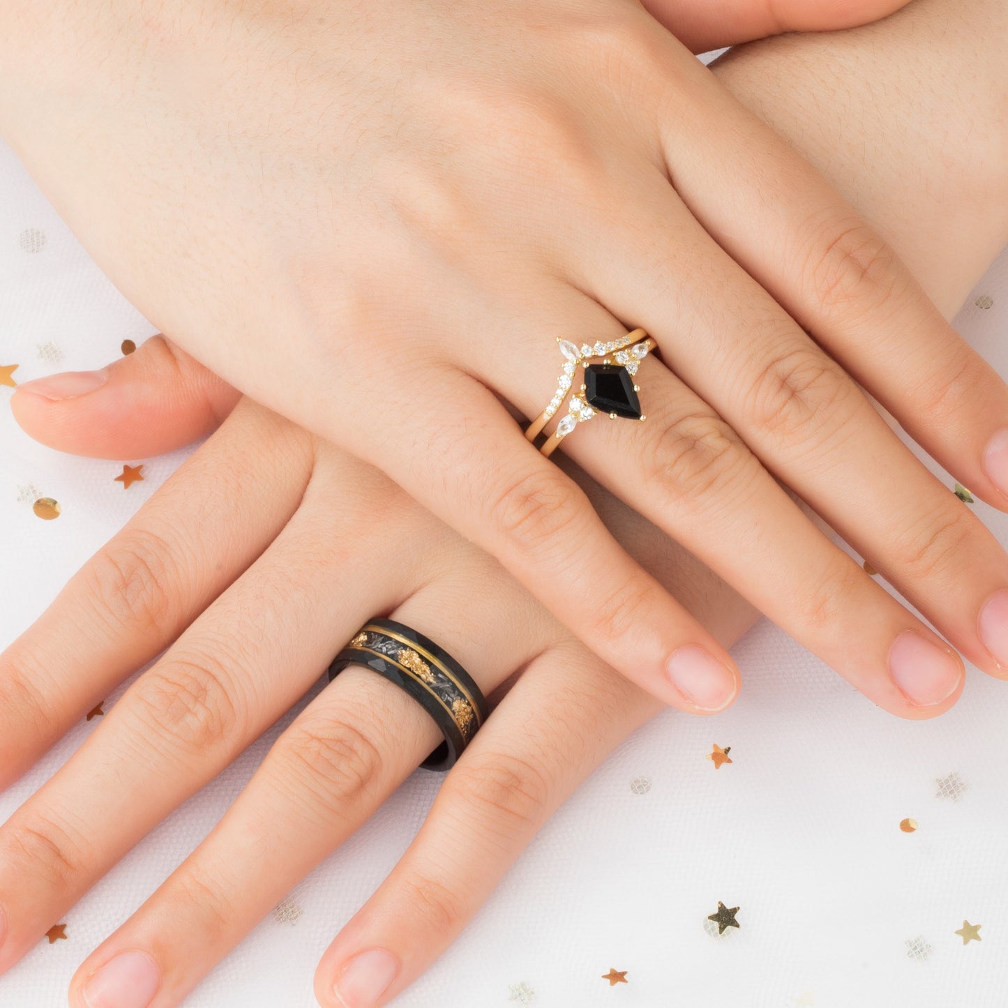 The Nyxora - Kite Cute Black Onyx & Black Sandstone Gold Leaf Couple Ring Set