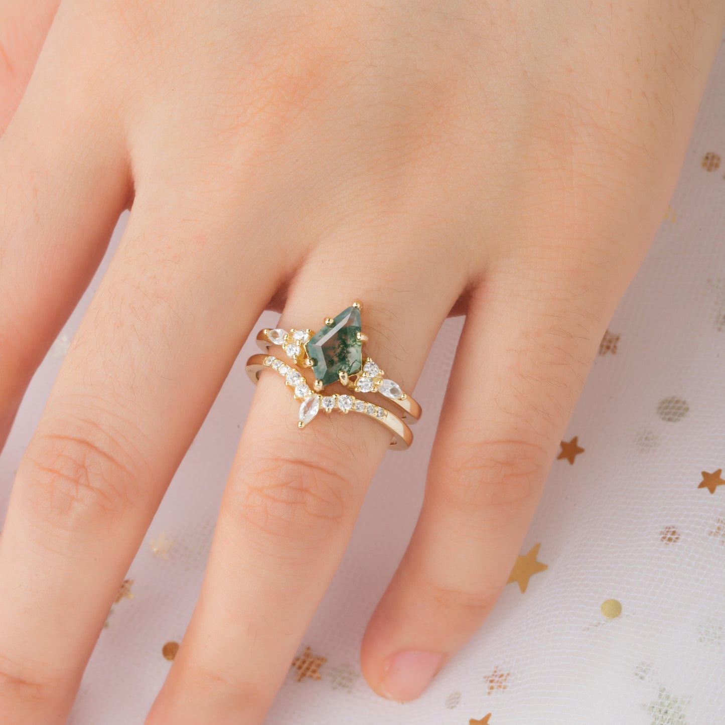 Kite Green Moss Agate Gold Leaf Couples Ring