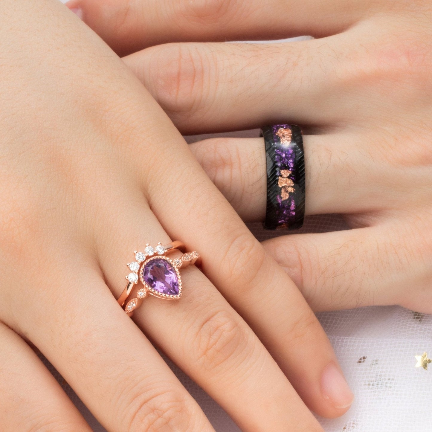 Pear Cut Amethyst His Her Couple Ring Set 925 Silver & Steel