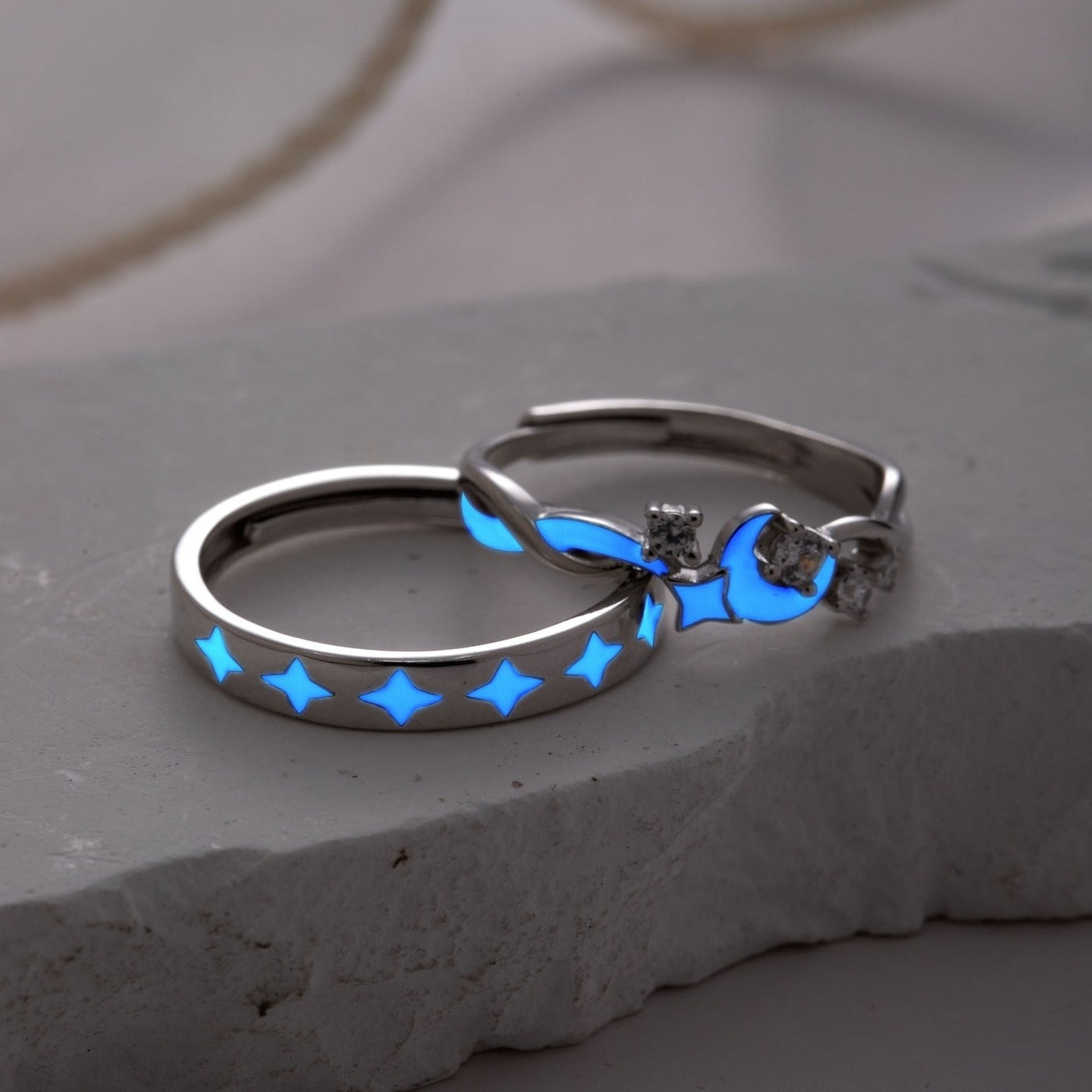 Glow in the Dark Stars & Moon Silver Couple Rings