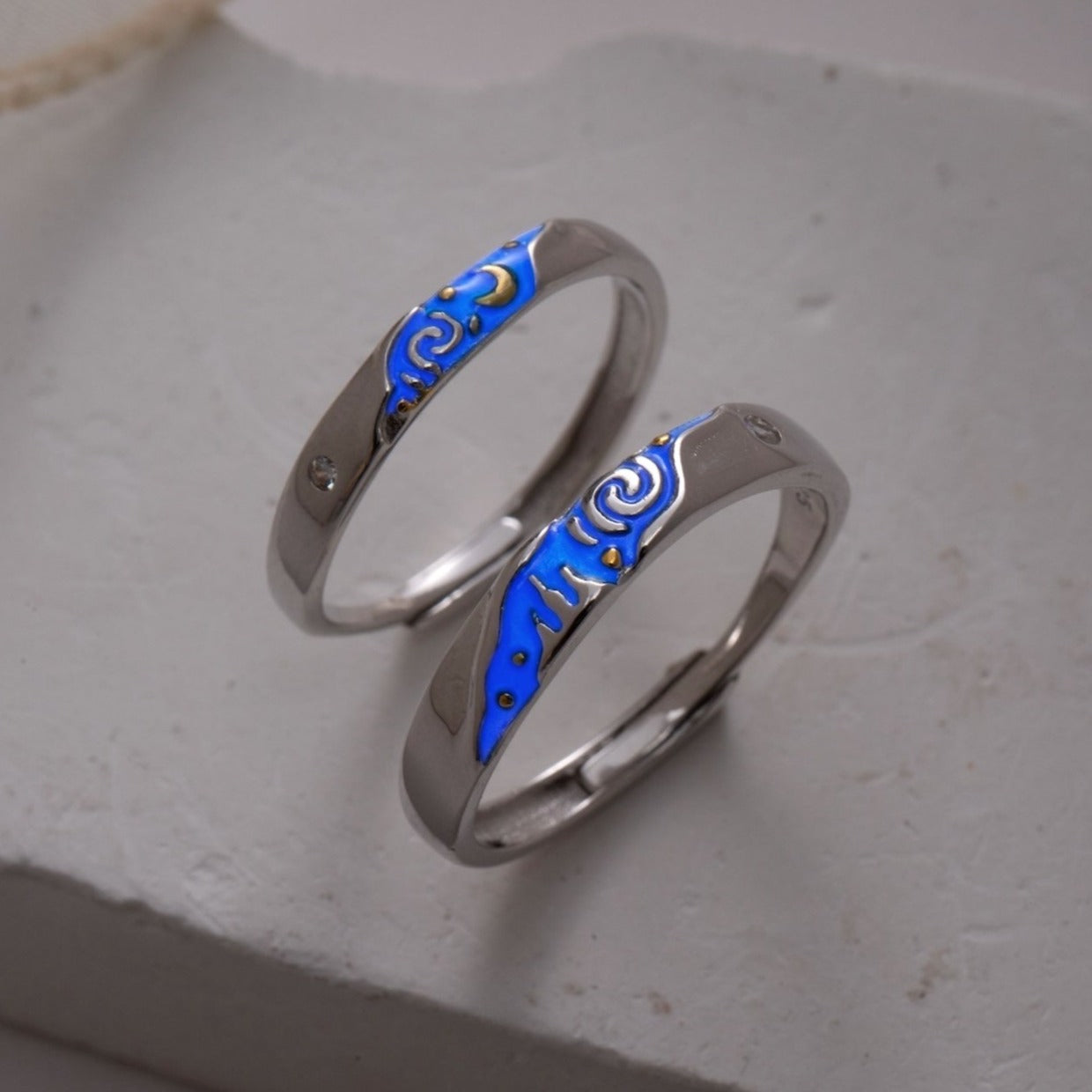 Glow in the Dark Galaxy Silver Couple Rings