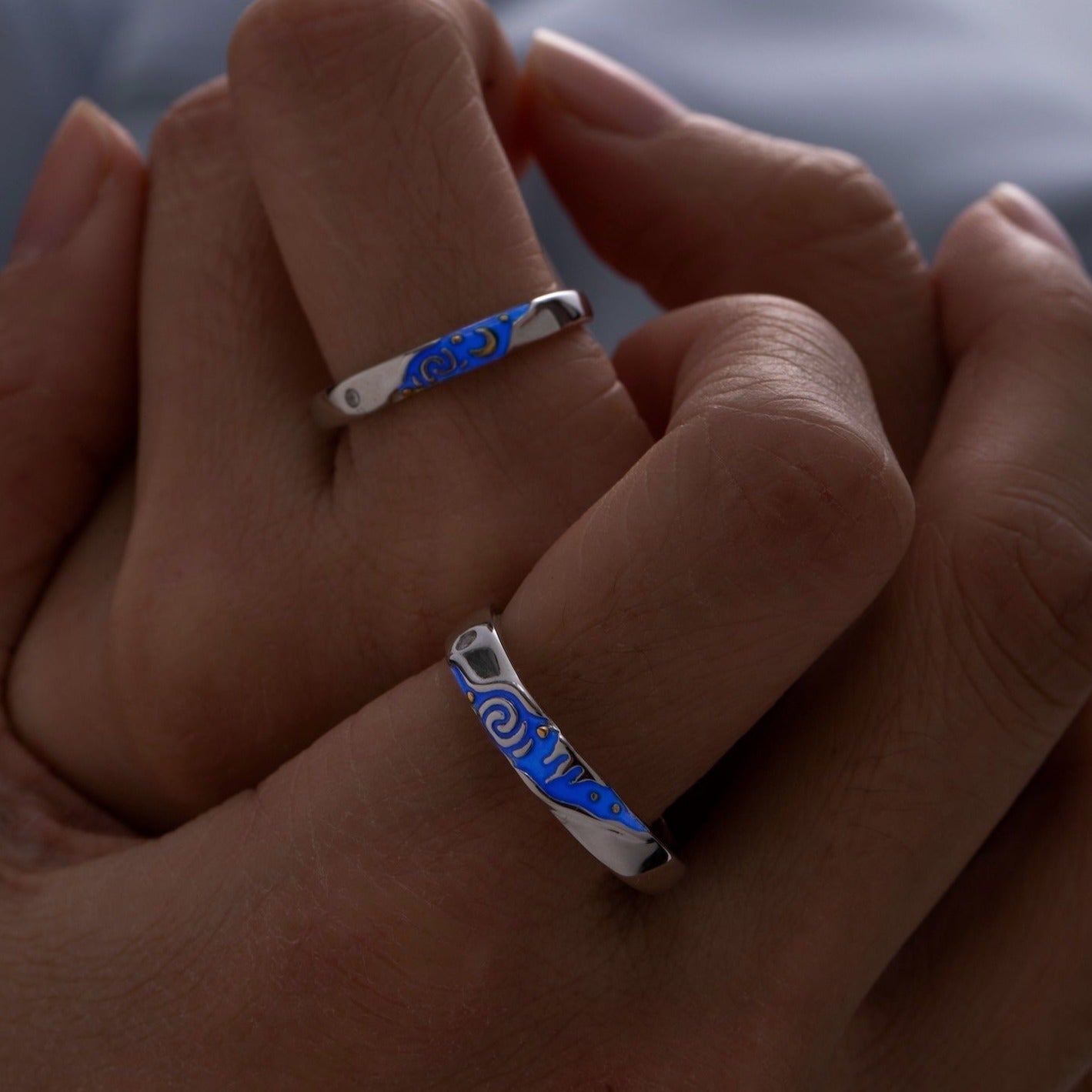 Glow in the Dark Galaxy Silver Couple Rings