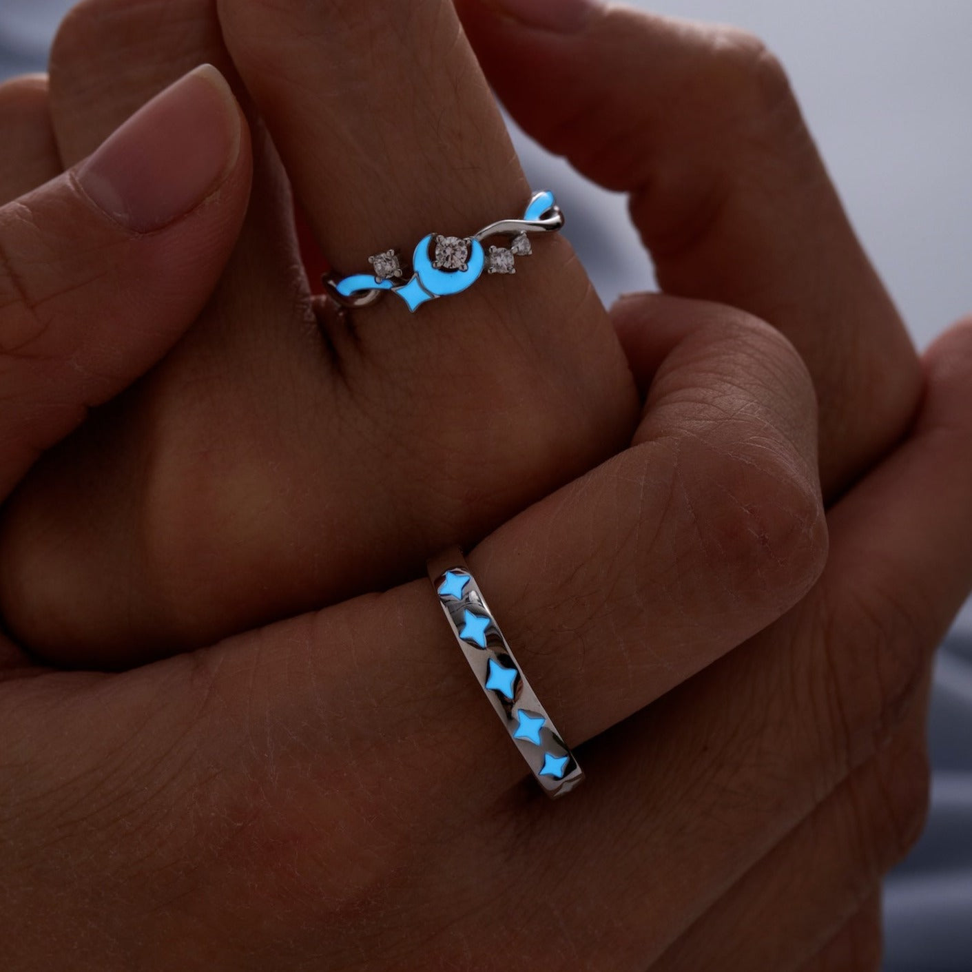 Glow in the Dark Stars & Moon Silver Couple Rings