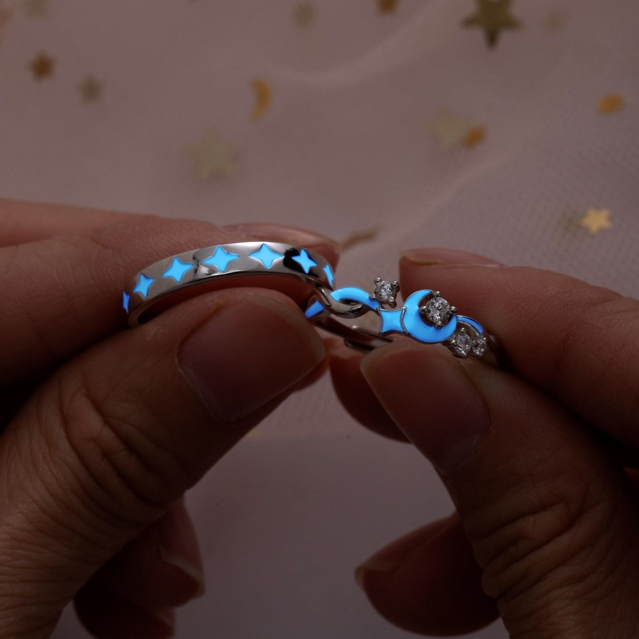 Glow in the Dark Stars & Moon Silver Couple Rings