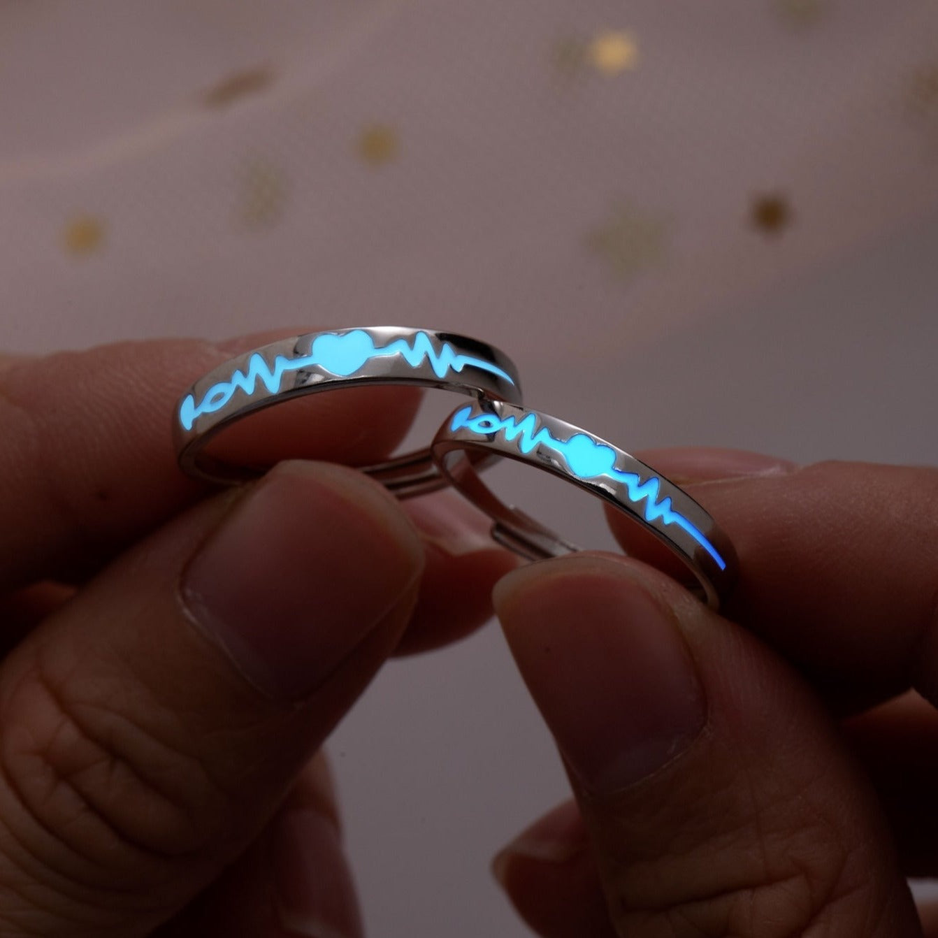 Glow in the Dark Heartbeat 925 Silver Couple Rings