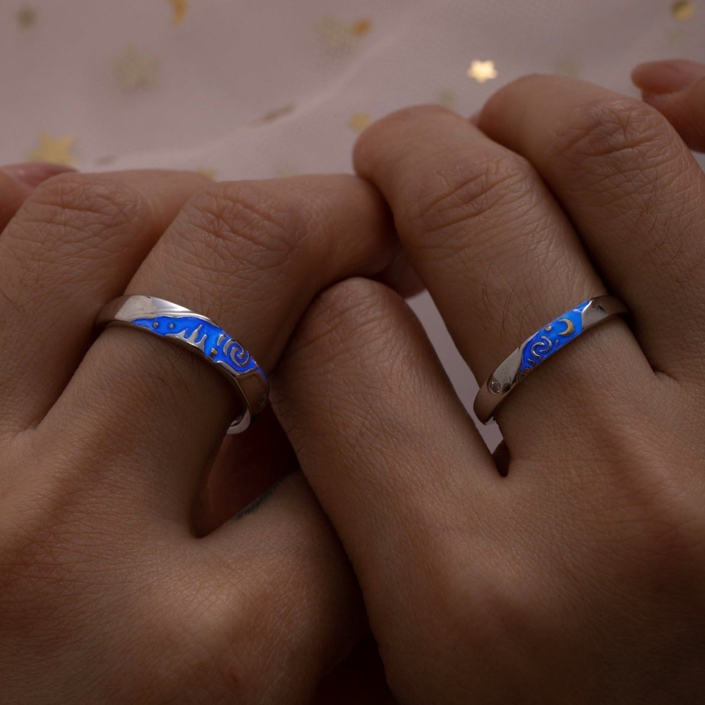 Glow in the Dark Galaxy Silver Couple Rings