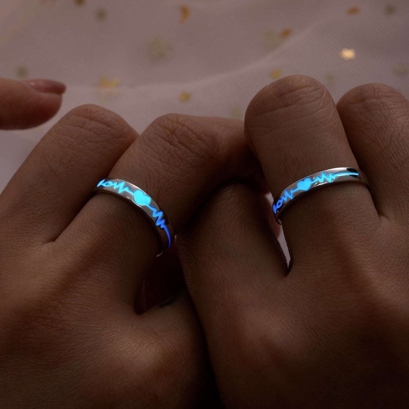 Glow in the Dark Heartbeat 925 Silver Couple Rings