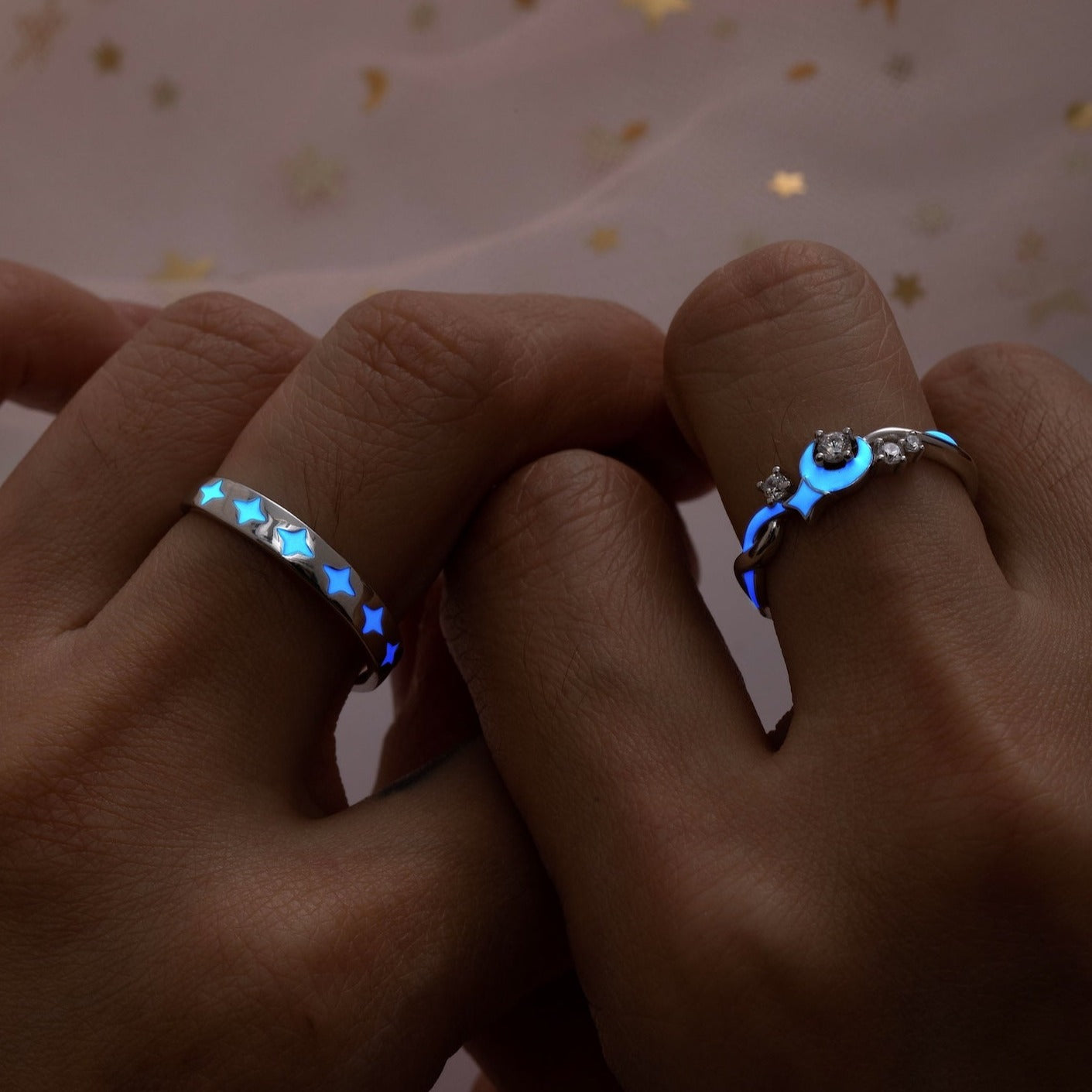 Glow in the Dark Stars & Moon Silver Couple Rings