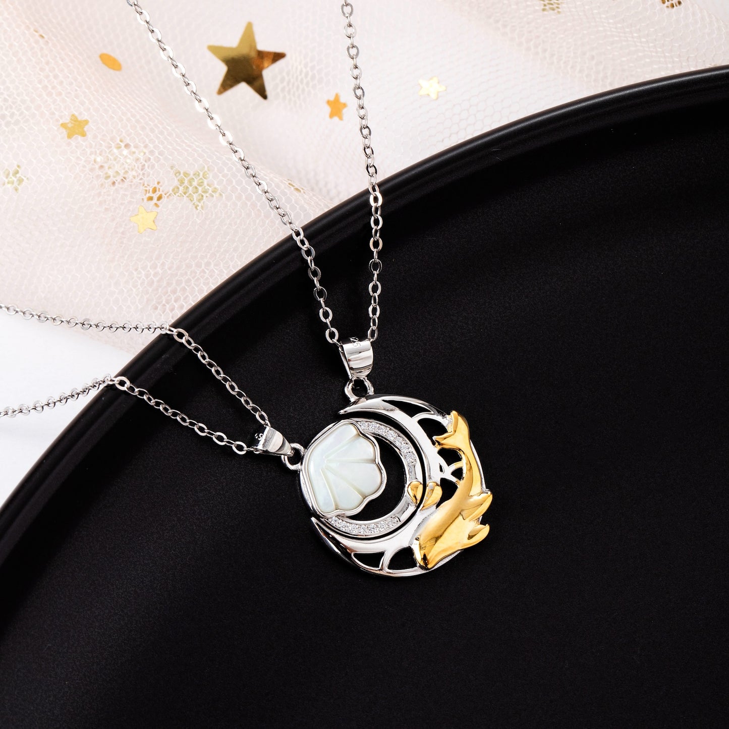 925 Silver Crescent Moon & Shell Couple Necklaces