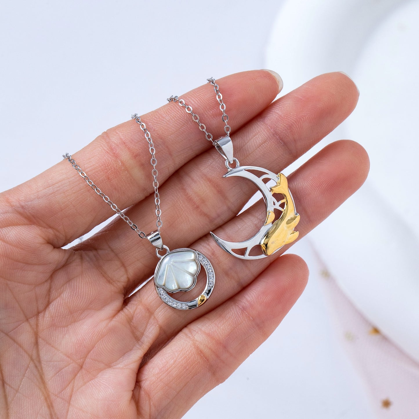 925 Silver Crescent Moon & Shell Couple Necklaces